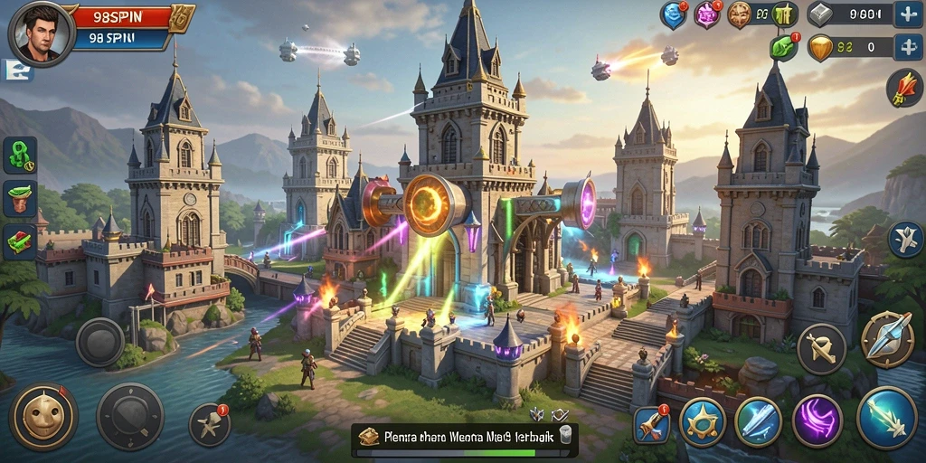 Gameplay seru dari Tower Defense 98SPIN dengan menara beragam.